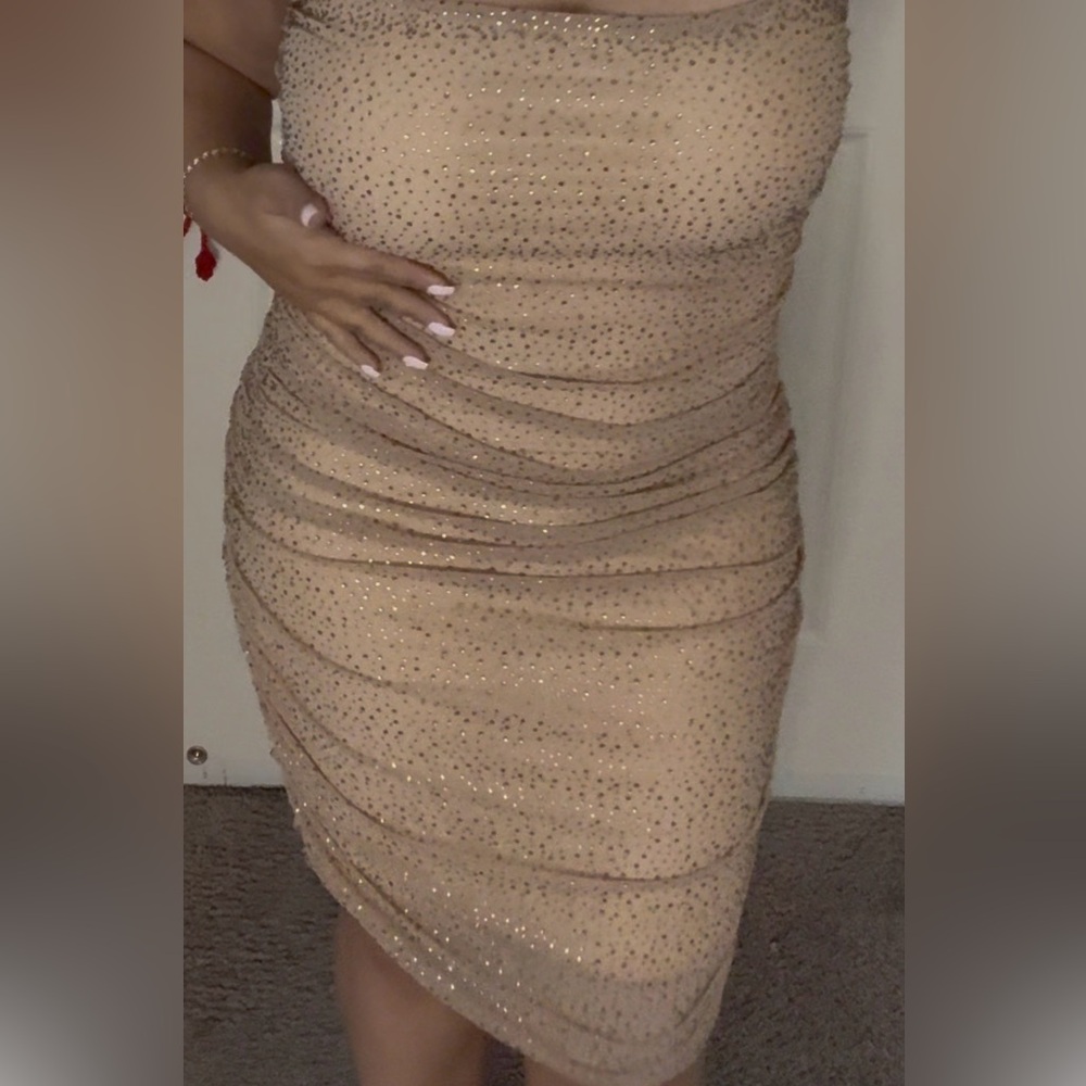 Chic Tan Gold Studded Sparkly Ruched Evening Dress Plus Sz